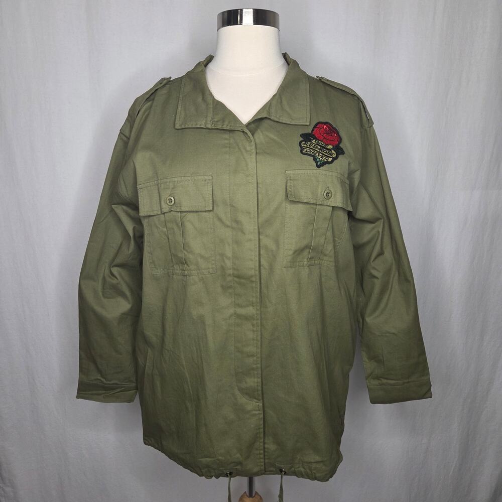 Kori America Olive Army Green Utility Jacket Embroidered Rose Patch NEW 1XL